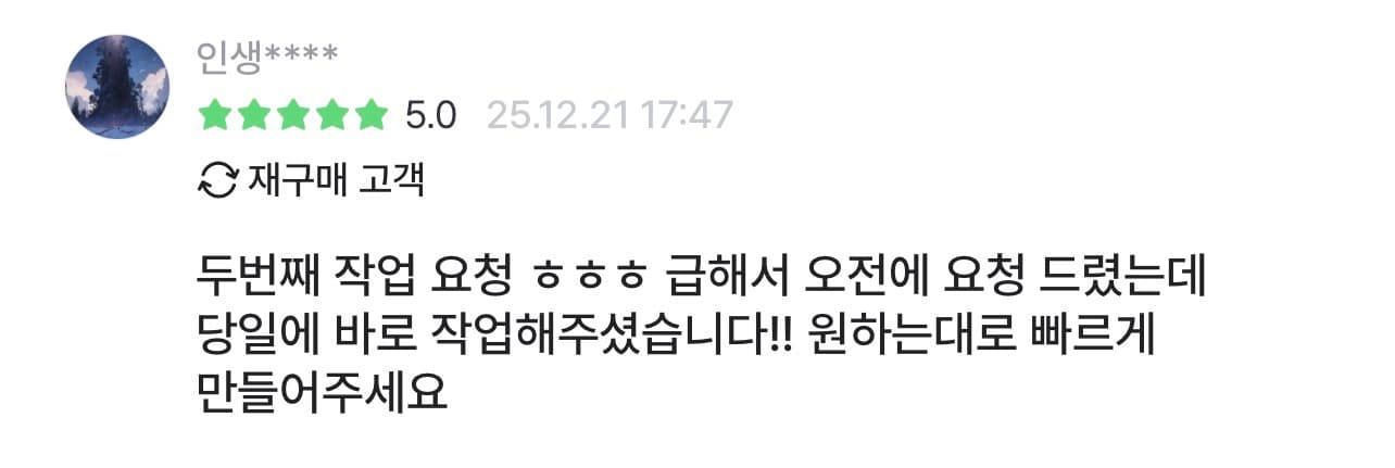 크몽 별점 5.0 재구매 고객 리뷰 — 급한 요청을 당일 작업 완료